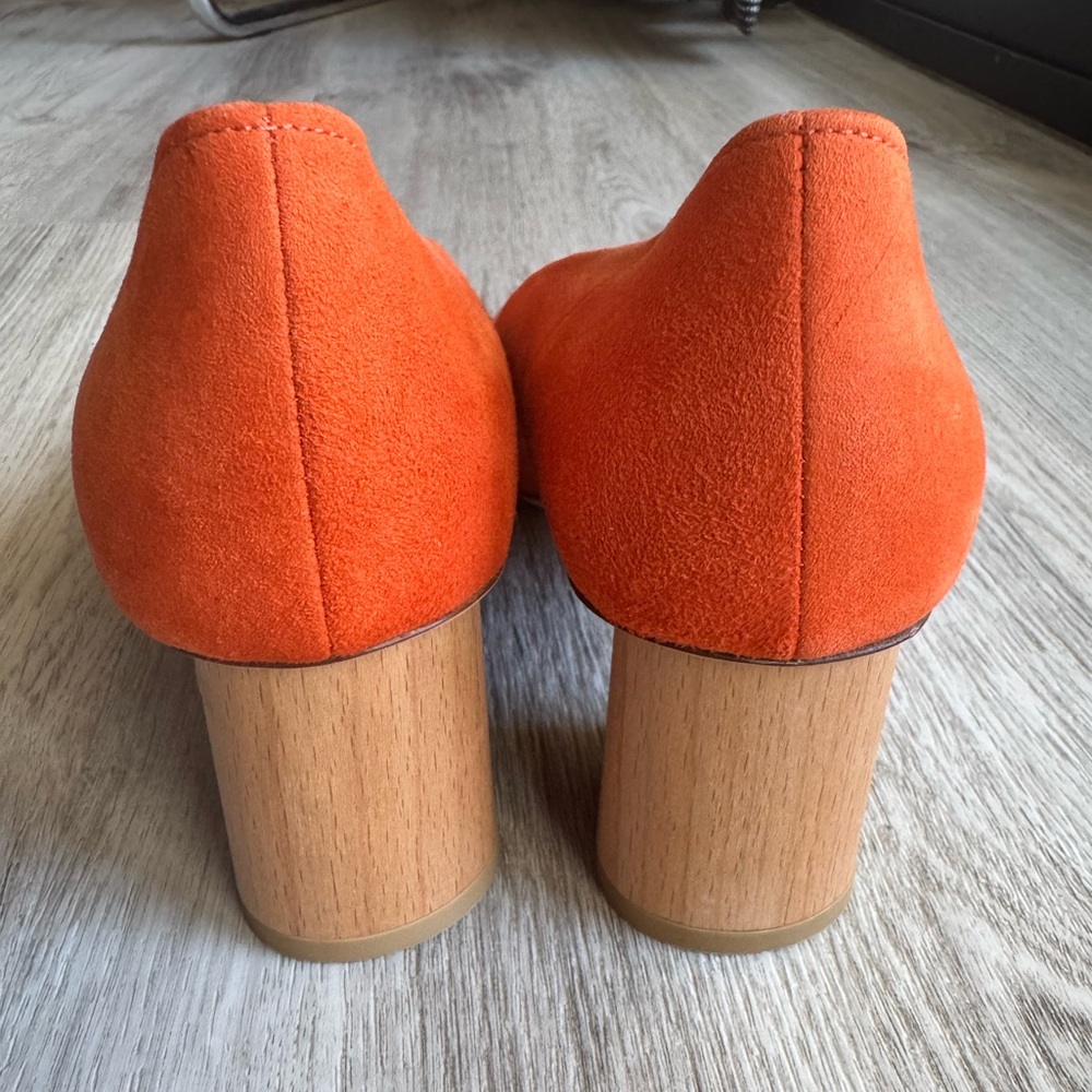 COS Orange Suede & Wood Block Heel Mod Style Square Toe Pumps Short Heels Size 7 - Picture 7 of 14